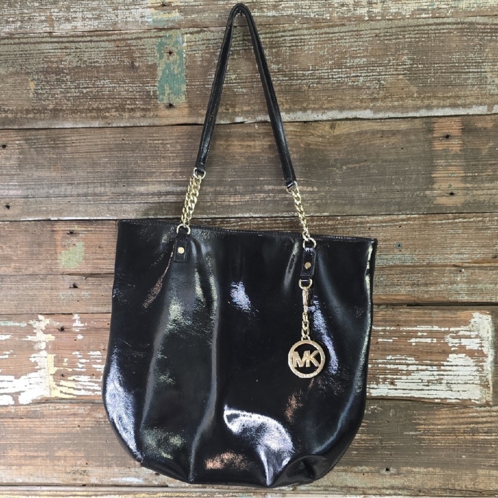 Michael Kors Black Patent Leather Gold Chain Tote Bag